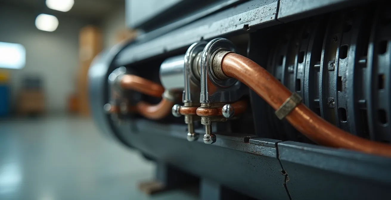 Gros plan sur les composants internes d'une thermopompe avec mise en évidence des zones de circulation du réfrigérant et vibration du moteur