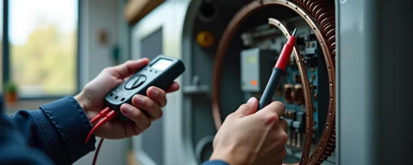 Technicien inspectant l'unité murale d'une thermopompe avec outils de diagnostic