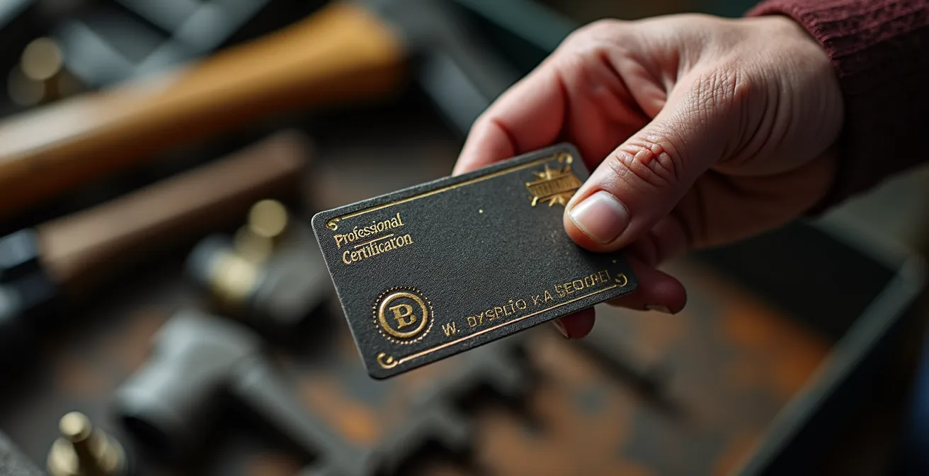 Main tenant une carte professionnelle de plombier certifié