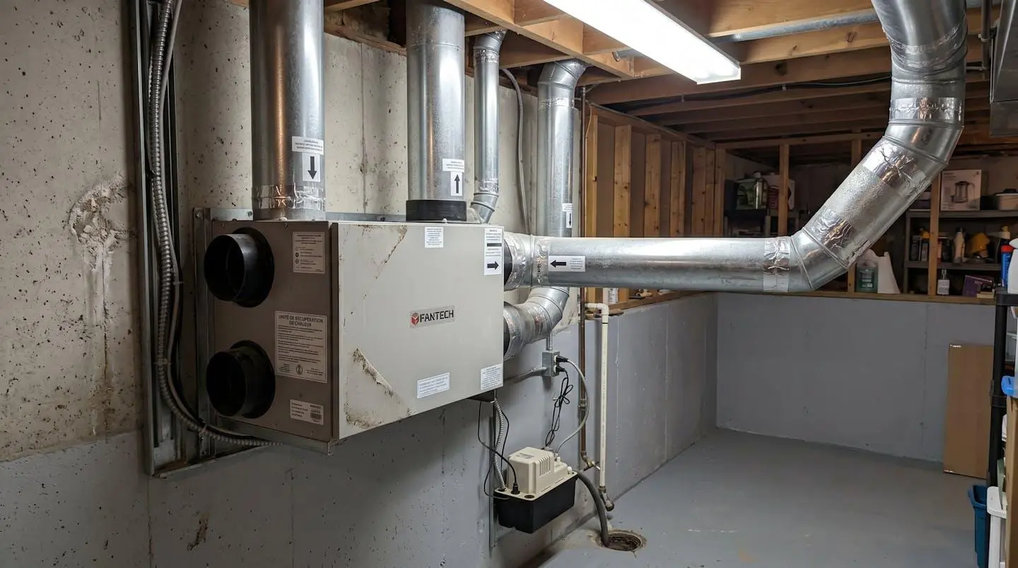 Échangeur d'air de type VRC installé au sous-sol avec conduits rigides argentés et câblage électrique visible