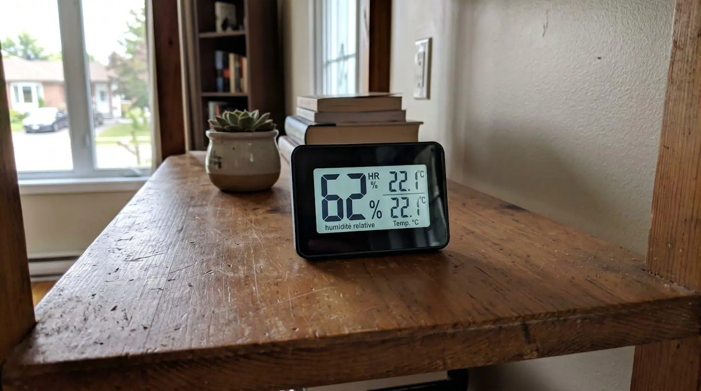 Hygromètre numérique posé sur tablette affichant un taux d'humidité de 62 pourcent