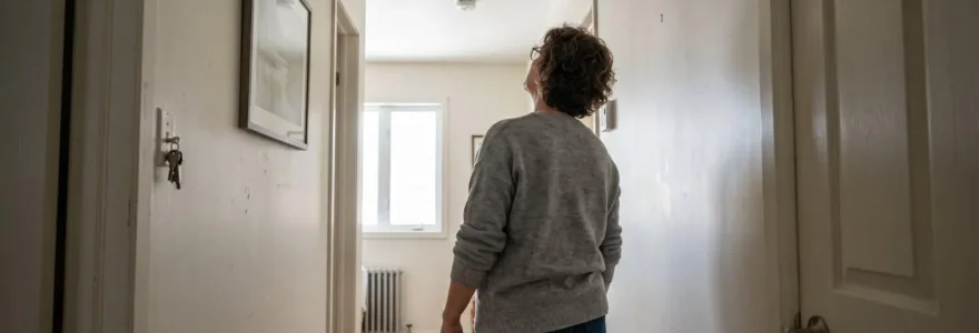 Propriétaire vu de dos observant une grille de ventilation au plafond dans un corridor résidentiel aux murs clairs