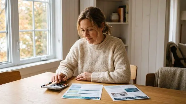 Propriétaire québécois d'âge moyen assis à table résidentielle, consultant des factures Hydro-Québec et documentation sur les thermopompes, dans un intérieur chaleureux éclairé par lumière naturelle