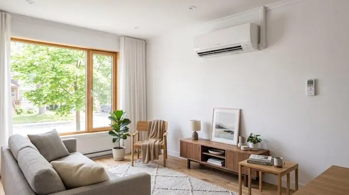 Salon moderne d'une maison québécoise avec unité murale de thermopompe blanche installée en hauteur sur le mur principal, mobilier contemporain et lumière naturelle abondante
