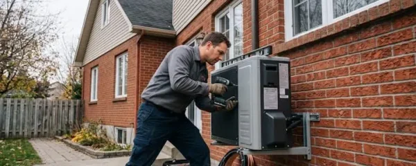 Technicien CVAC installant une unité extérieure de thermopompe sur le mur d'une maison résidentielle québécoise en brique, avec outils professionnels au sol, sous un ciel nuageux typique du climat de la Rive-Sud de Montréal